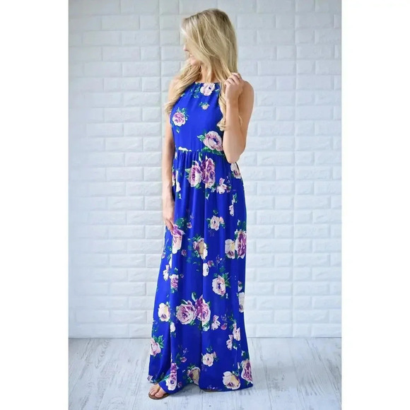 Everly Sleeveless Floral Maxi Dress Electric Blue Size M - Picture 5 of 11